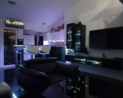 Stan za prodazba,66 m² | 7mi kat – Otvoren koncept: dnevna soba so integrirana kujna, galerijska spalna soba, rabotna soba, kupatilo i terasa so istocna orijentacija i otvoren pogled kon zelena zona Rasadnik